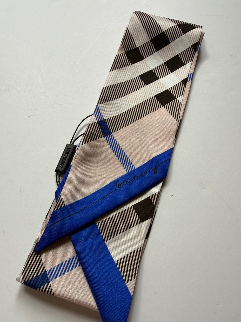 Fashion Accessories Beige & Blue Plaid woman’s Silk Scarf /Twilly